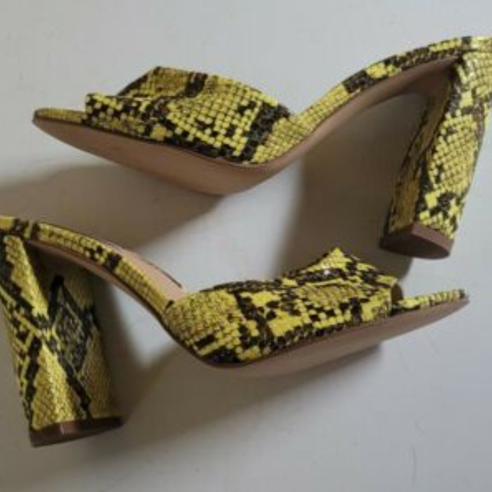 Yellow Snake Print Slip On Block Heel Mules - image 2